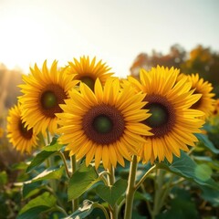 Fototapeta premium Sunflowers in full bloom against a backdrop of autumnal foliage and muted sunlight, sunlight, autumnal