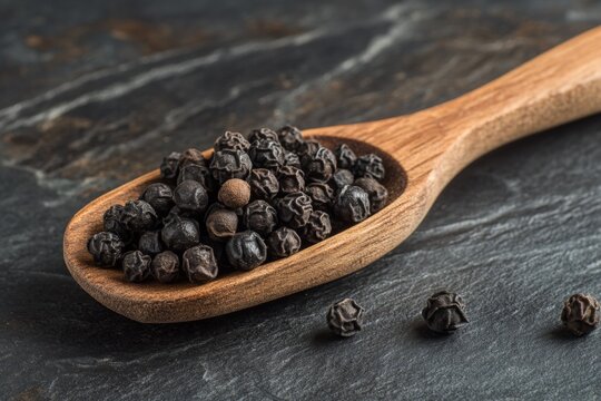 Black peppercorns on a wooden spoon resting on a dark stone surface during bright natural light