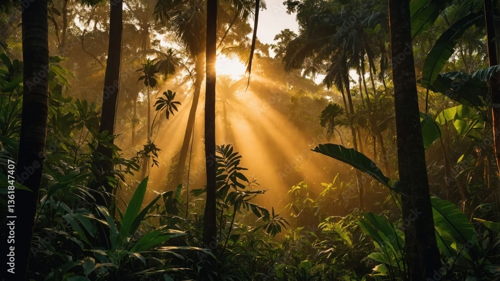 Poster a serene jungle scene with sunlight filtering through tall trees, creating a tranquil atmosphere.