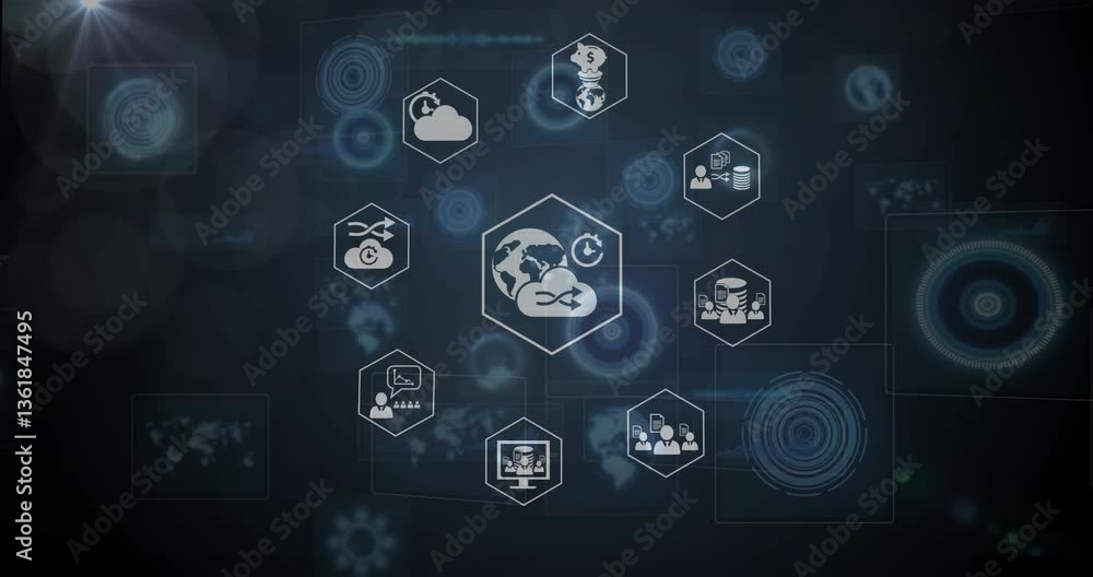 Poster digital network icons and data processing animation over dark abstract background