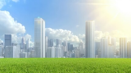 Fototapeta premium Urban Oasis: A cityscape rises majestically from a vibrant green field under a bright blue sky, symbolizing growth and harmony between nature and urban development.