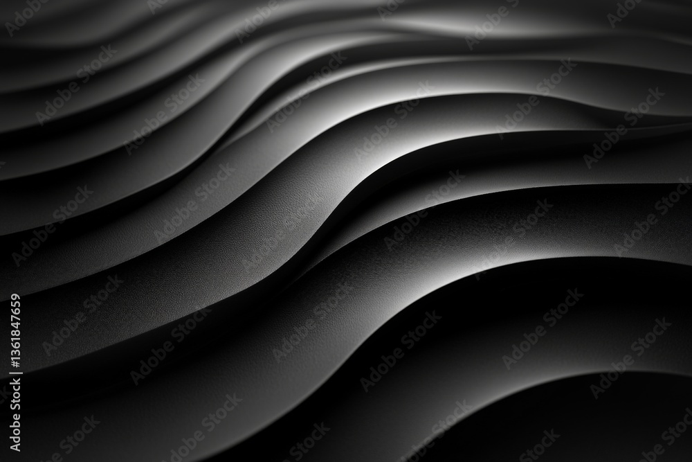 Fototapete Abstract black wave patterns create a visually striking texture on a smooth surface in dim lighting