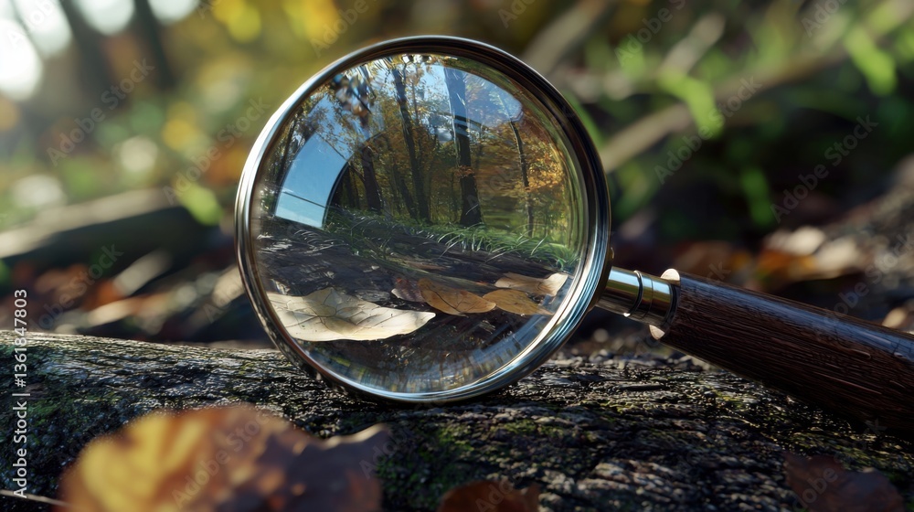 Poster close-up view of a magnifying glass resting on a mossy log in an autumnal forest. the glass reflects