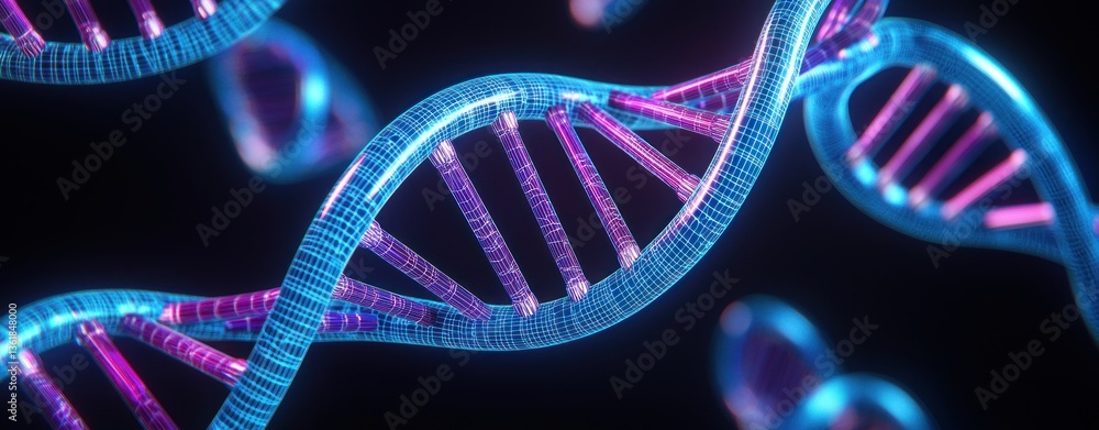 Aufkleber Abstract DNA Double Helix Structure Glowing in Neon Blue and Purple Colors A 3D digital rendering of a genetic code