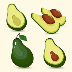 A collection of Avocadoes green fruits concepts, with features four avocado showcasing both whole and sliced views, revealing their creamy green

 vector, illustration