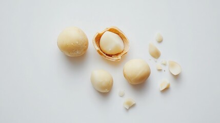 Macadamia nuts, whole and broken, on white background.  Possible use Food photography, healthy snack