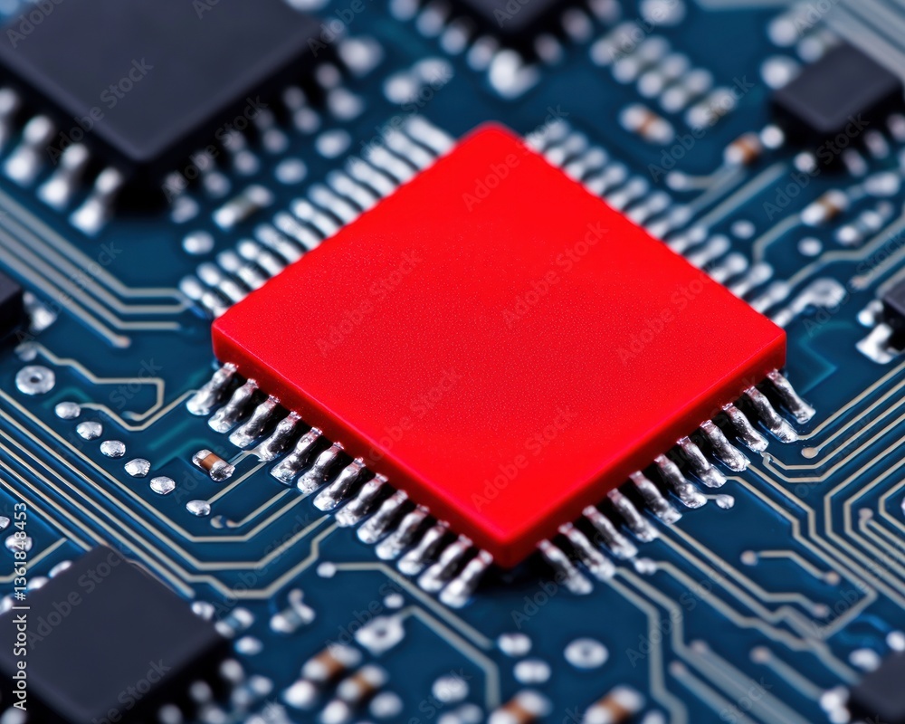 Poster Red Microchip Close Up on Circuit Board Technology Detail   of Electronics