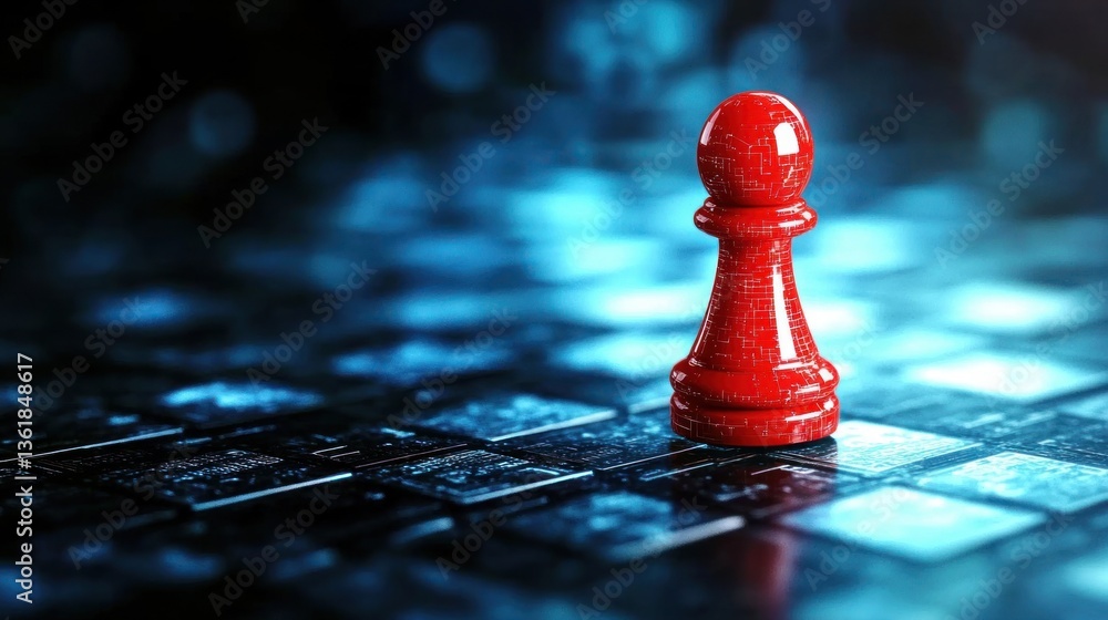Poster red chess pawn stands on a digital circuit board reflecting strategy and technology in the business 