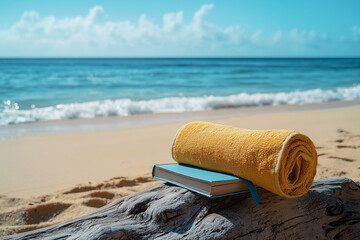 Rolled yellow towel and book on driftwood at tropical beach, summer holiday relaxation concept with blue sky and ocean wave background