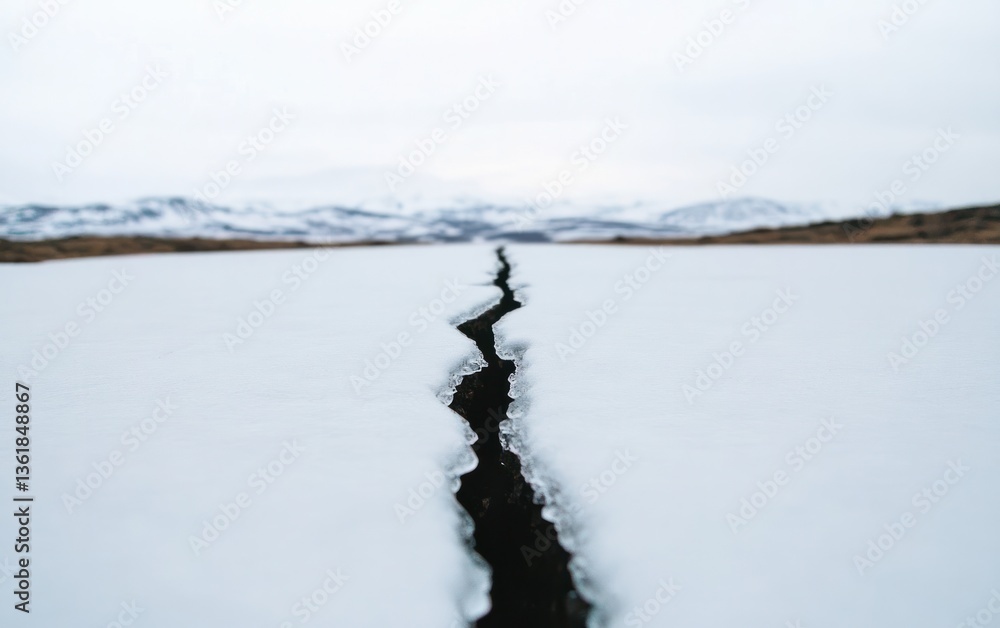 Poster a long crack runs through a snow-covered landscape, mountains visible in the background under a mute