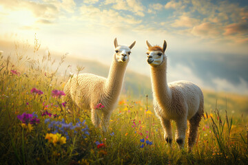 Fototapeta premium Two alpacas standing in colorful mountain wildflower meadow at sunrise, adorable animals in spring nature for rural lifestyle and travel themes