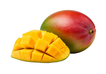 A realistic composition of a whole mango alongside perfectly cut mango slices arranged in a fan shape, set against a transparent background