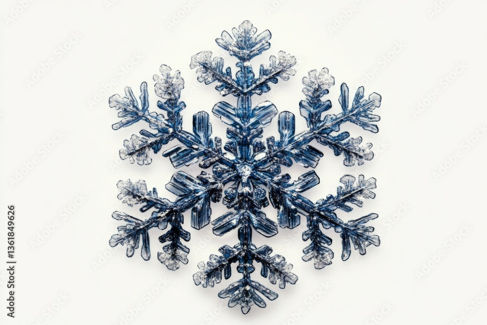 Poster Unique snowflake structure showcasing intricate details and patterns on a white background for winter appreciation