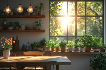 Fototapeta premium Minimalist kitchen with floating shelves, dining table, wooden shelf with plants, potted flowers on the windowsill, and bright sunlight streaming through the open door.