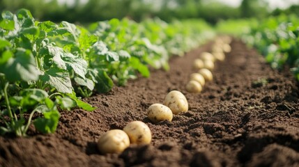 A specialized potato planter is at work, sowing seed potatoes in precise intervals along a well-prepared field. The lush greenery enhances the farming landscape's productivity