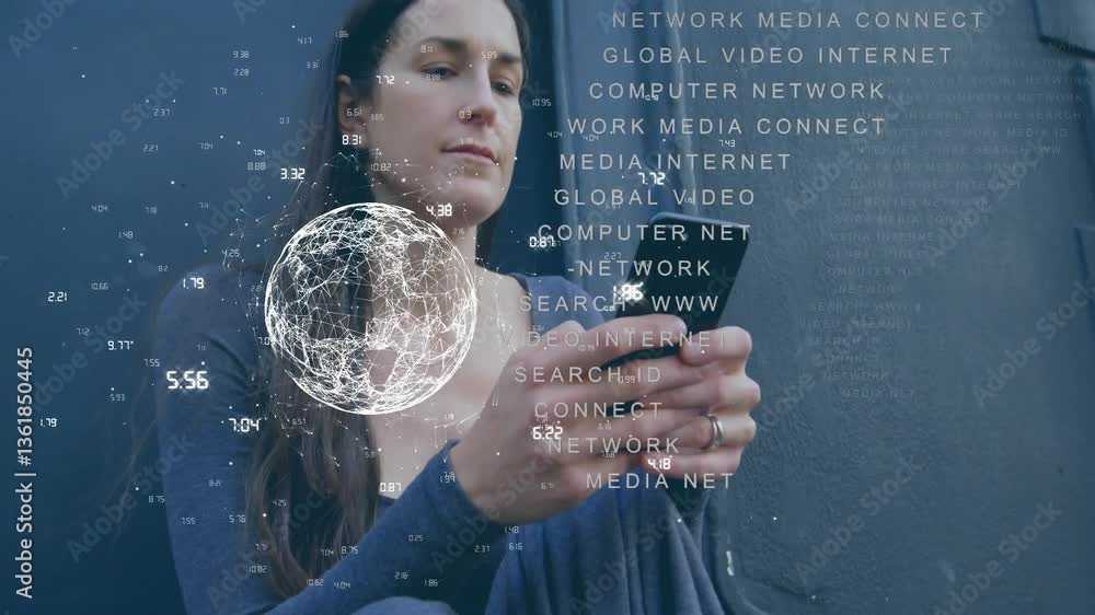 Poster woman using smartphone with digital network and data processing animation overlay