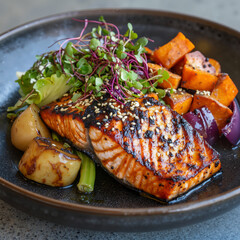 Pan-fried salmon served with vegetables is very attractive.