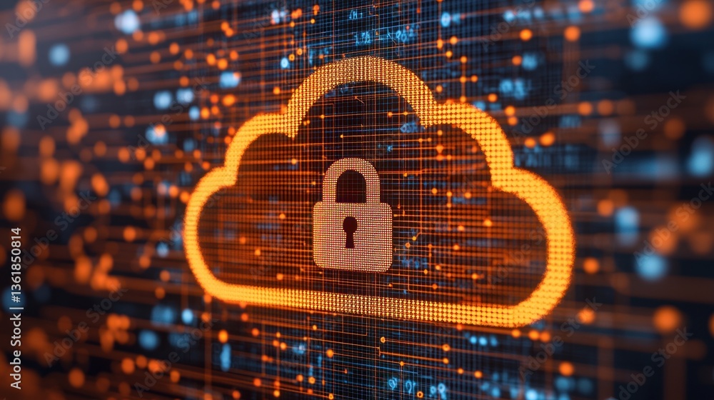 Poster Secure Cloud Computing Protection with Digital Padlock and Abstract Data Background for Cyber Security and Data Privacy