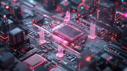Obraz premium Exploring the Future of Artificial Intelligence Technology with a Computer Processor Radiating Pink Light