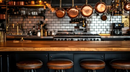 Rustic Kitchen Interior with Copper Pots and Wooden Counter