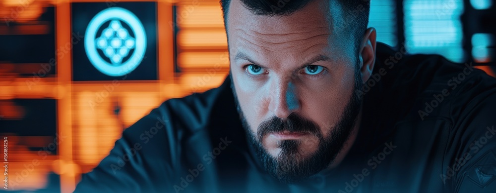 Poster serious man with beard intense gaze working on futuristic technology interface