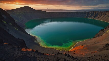 Fototapeta premium A stunning volcanic crater lake surrounded by steep, colorful slopes under a dramatic sky.