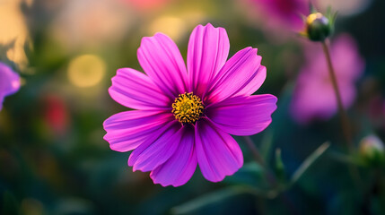 Obraz premium A close up of a vibrant pink cosmos flower with a yellow center in a blurred green background