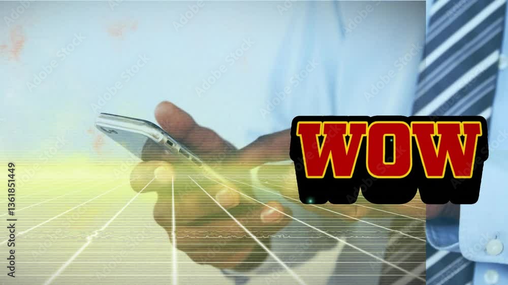 Aufkleber person holding smartphone with wow text animation over digital grid background