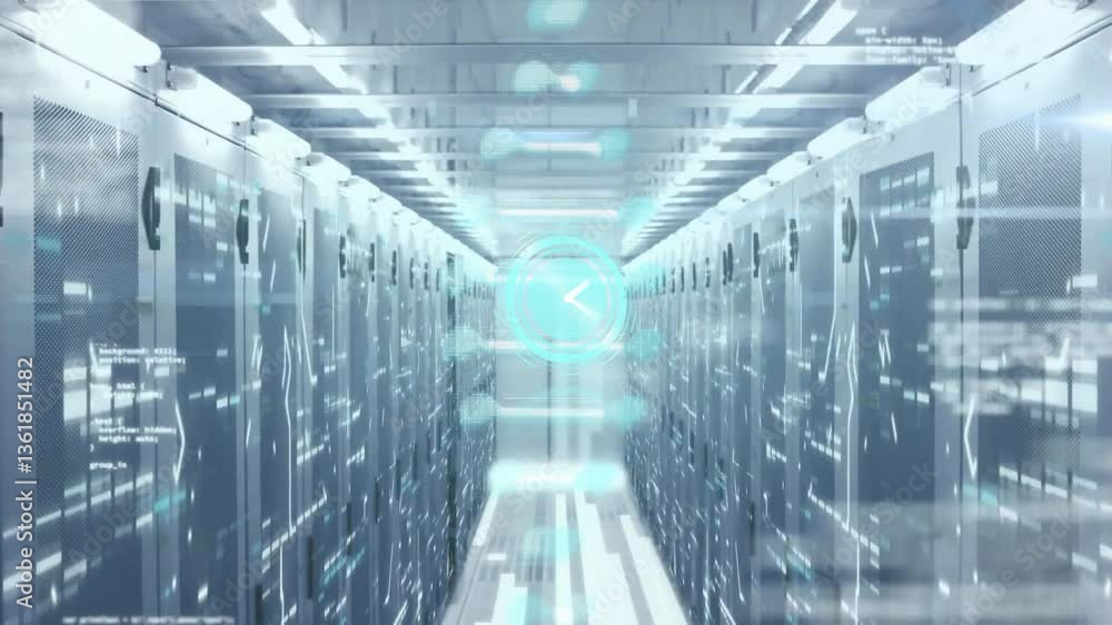 Poster futuristic data center corridor with digital clock animation over server racks