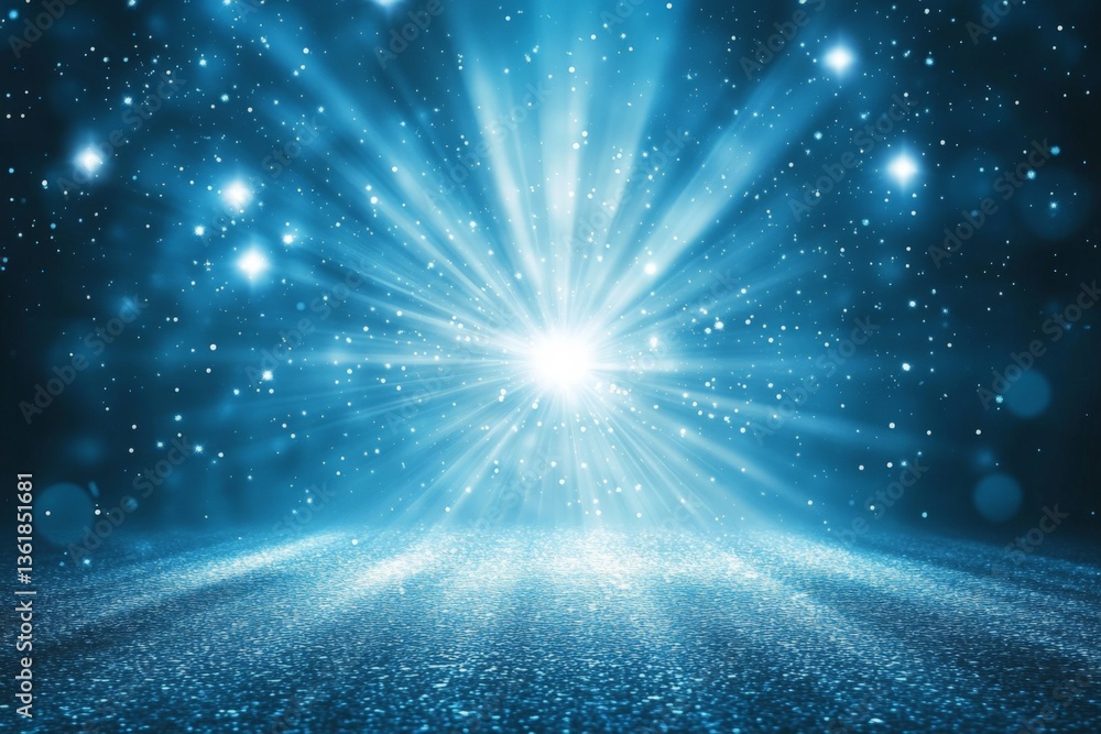 Poster Radiant light beams illuminating a sparkling surface in a blue-toned environment during a serene nighttime setting
