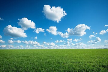 Obraz premium Bright blue sky with fluffy clouds over a vibrant green field during a sunny day