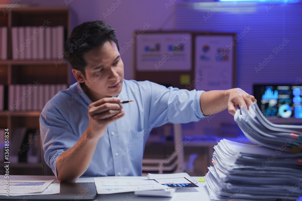 Poster young entrepreneur analyzing paperwork and checking reports, working overtime at his desk in a moder