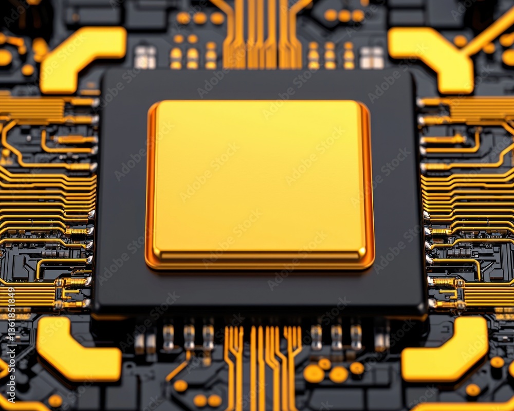 Aufkleber Close up view of a golden CPU processor on a black circuit board High tech technology background
