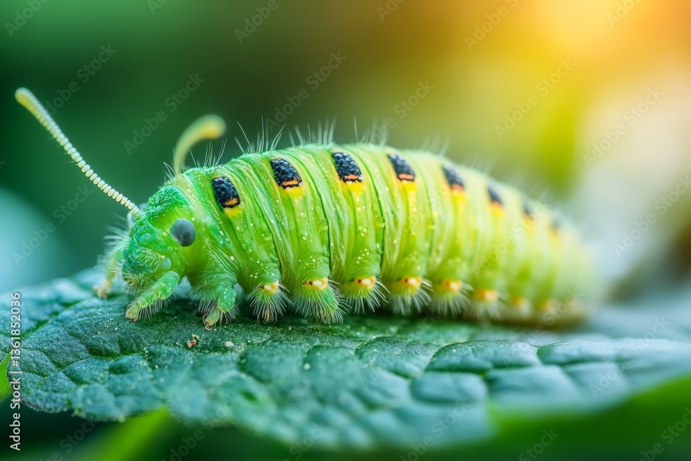 Aufkleber large green caterpillar resting on a green leaf in a natural setting during daylight hours