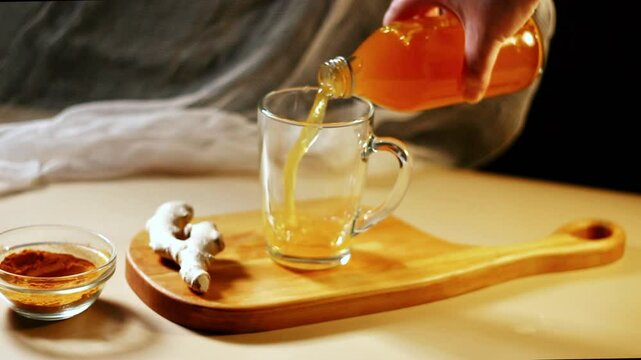 Immunity drink with turmeric powder in transparent glass. Homemade turmeric tea. Healthy drink with curcuma spices. Turmeric beverage for cleansing skin, normal bowel function and weightloss