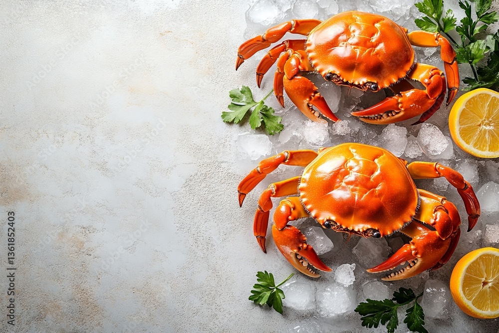 Aufkleber freshly cooked crabs served on ice with lemon slices and parsley at a seafood market