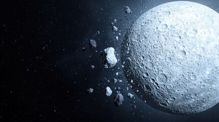 Asteroid Field Near a Cratered Moon in Deep Space A Stunning Cosmic Scene