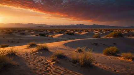 Fototapeta premium A serene desert landscape at sunset, showcasing sand dunes and vibrant sky colors.
