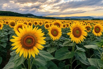Fototapeta premium Sunflower field stretching under a golden sky 