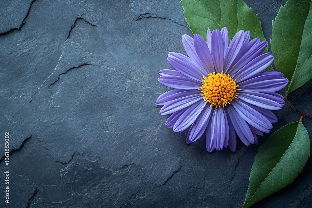 Poster purple flower with yellow center and green leaves on textured dark background creating a serene and 