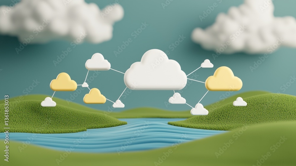 Poster Idyllic landscape with interconnected clouds symbolizing network and cloud computing technology