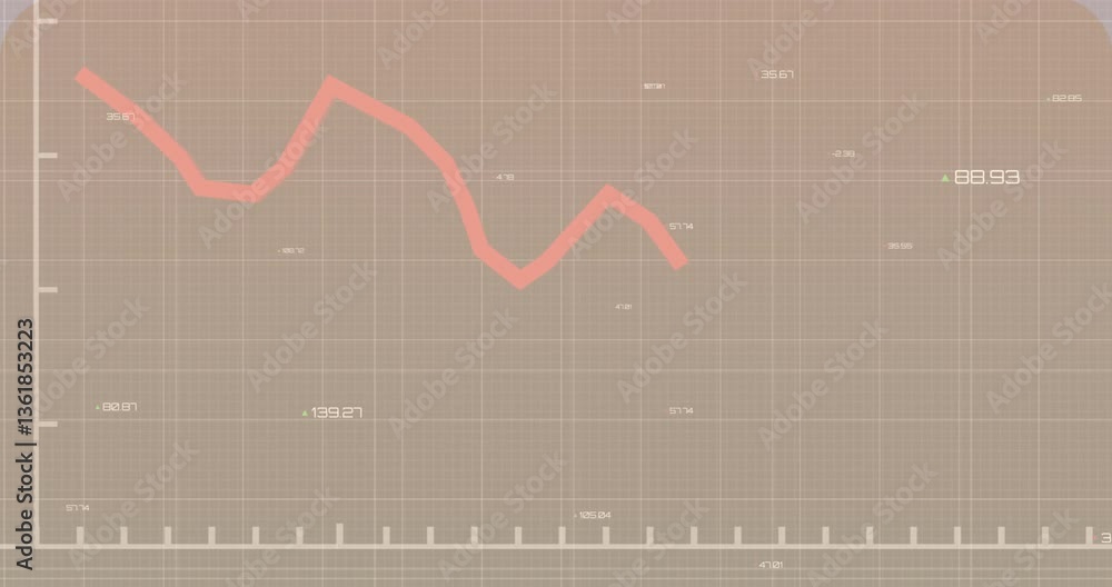 Poster animation of fluctuating red line graph on grid background showing data points