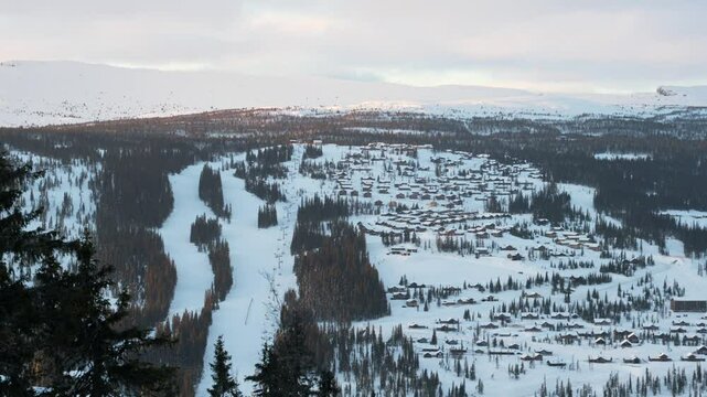 Beautiful winter landscape in Norwegian ski resort, with charming chalets