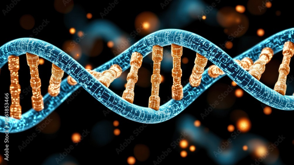 Poster Abstract DNA double helix structure digital rendering glowing blue and orange futuristic technology concept