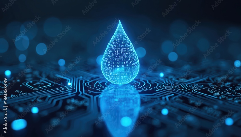 Poster digital blue water drop icon with binary code. artificial intelligence in water resource management.