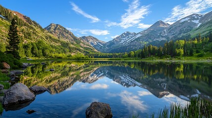 Fototapeta premium A photo of a serene landscape with a calm lake reflecting the surrounding mountains
