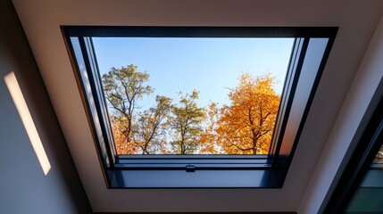 Skylight window featuring a modern black frame and open position, ideal for ventilation and daylight enhancement.  3D Rendering