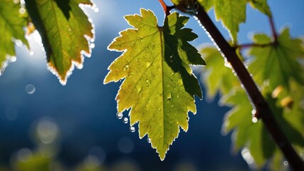 Close-up of green leaves with water droplets, illuminated by sunlight, creating a serene natural atmosphere.