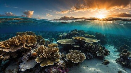 Fototapeta premium Underwater scene showcasing vibrant coral reefs illuminated by a sunset, highlighting marine life and ecosystems.