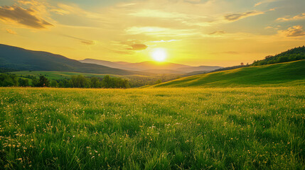 Fototapeta premium A field of grass with a sun setting in the background